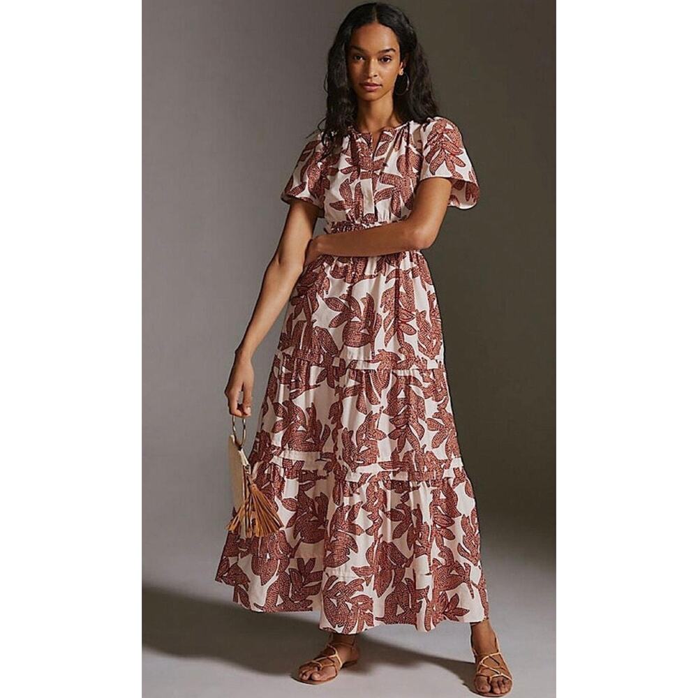 Anthropologie Poplin Somerset Maxi Dress Cedar Brown Floral Pockets Size XS‎